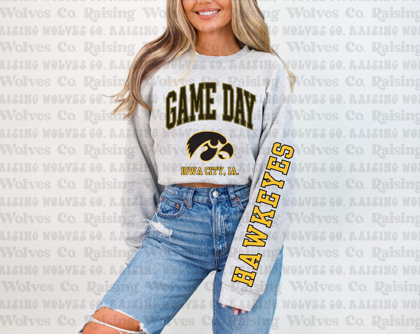 Iowa gameday w/sleeve ash Grey Crewneck Sweatshirt