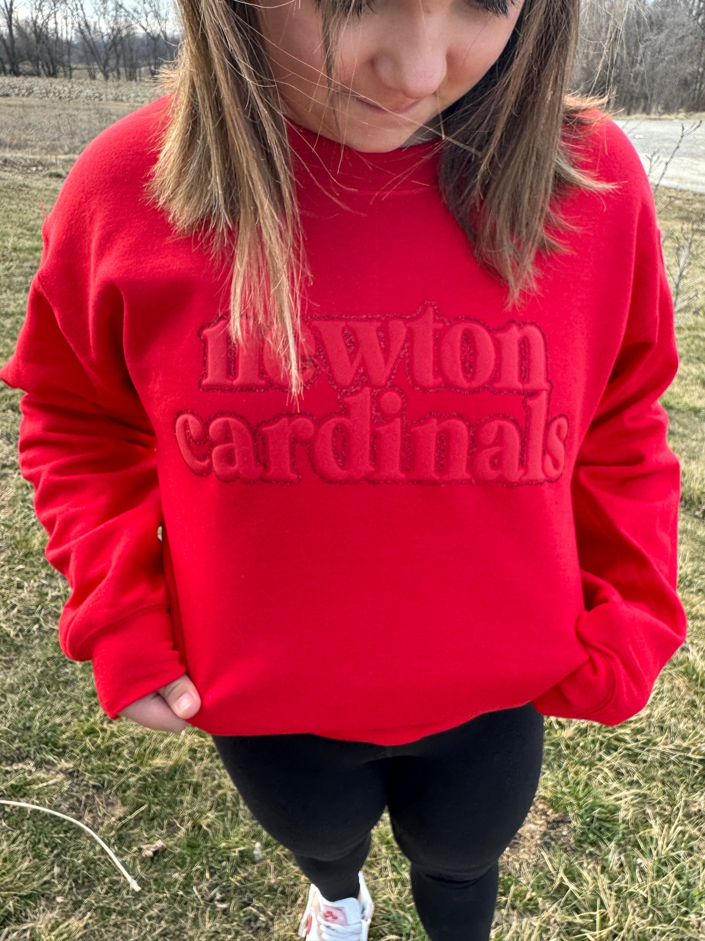 Red Monotone Puff/Glitter Newton Cardinals Crewneck