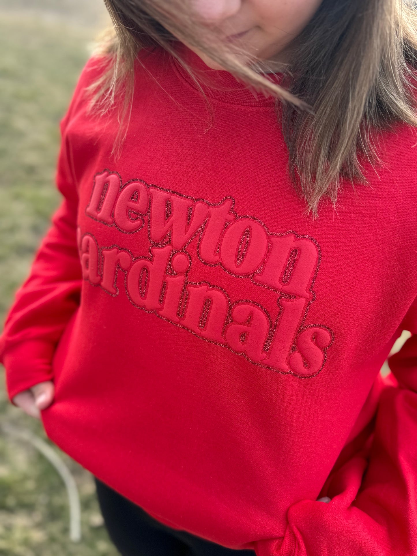 Red Monotone Puff/Glitter Newton Cardinals Crewneck