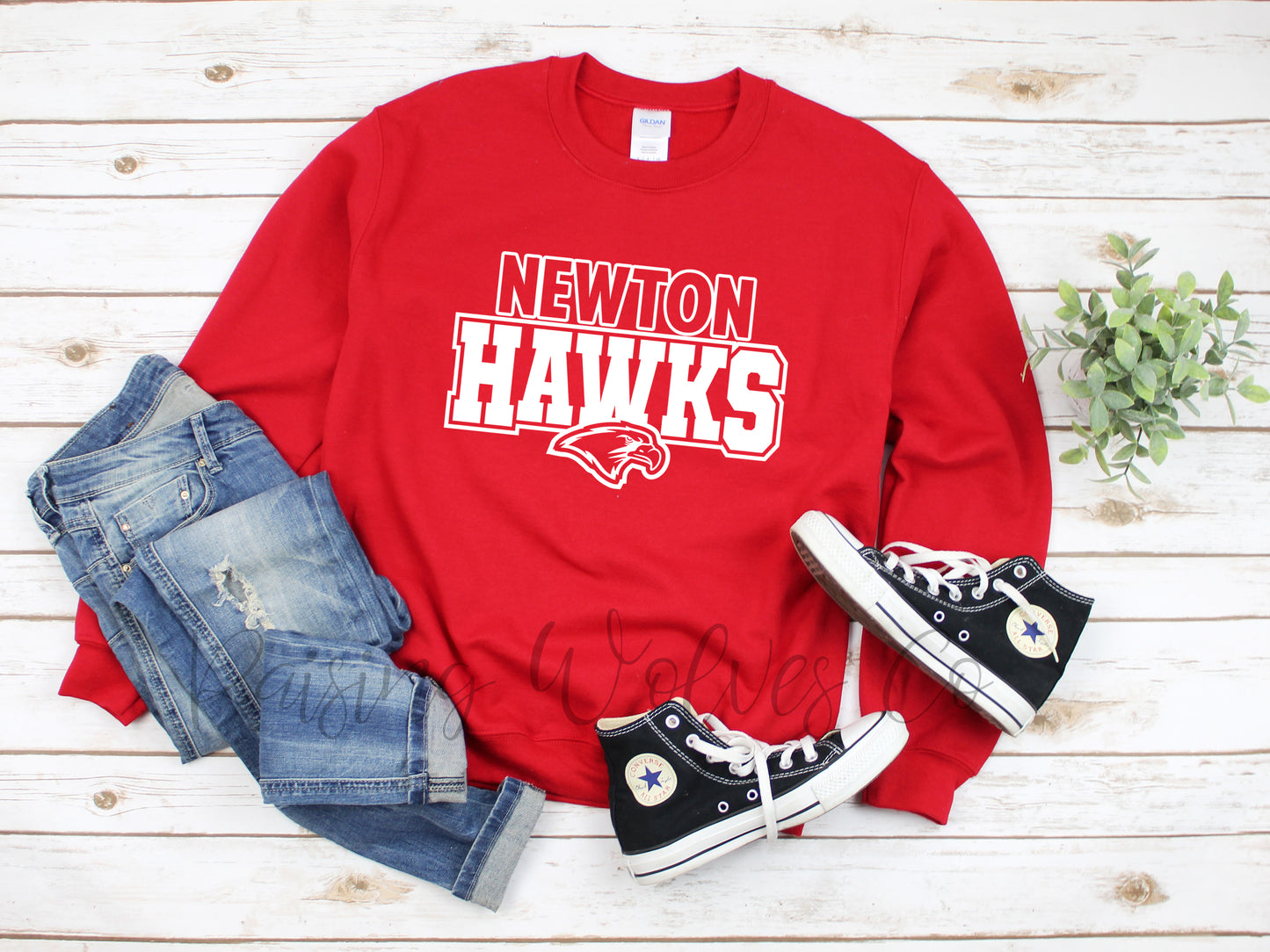 Newton Hawks Red Crewneck White Lettering