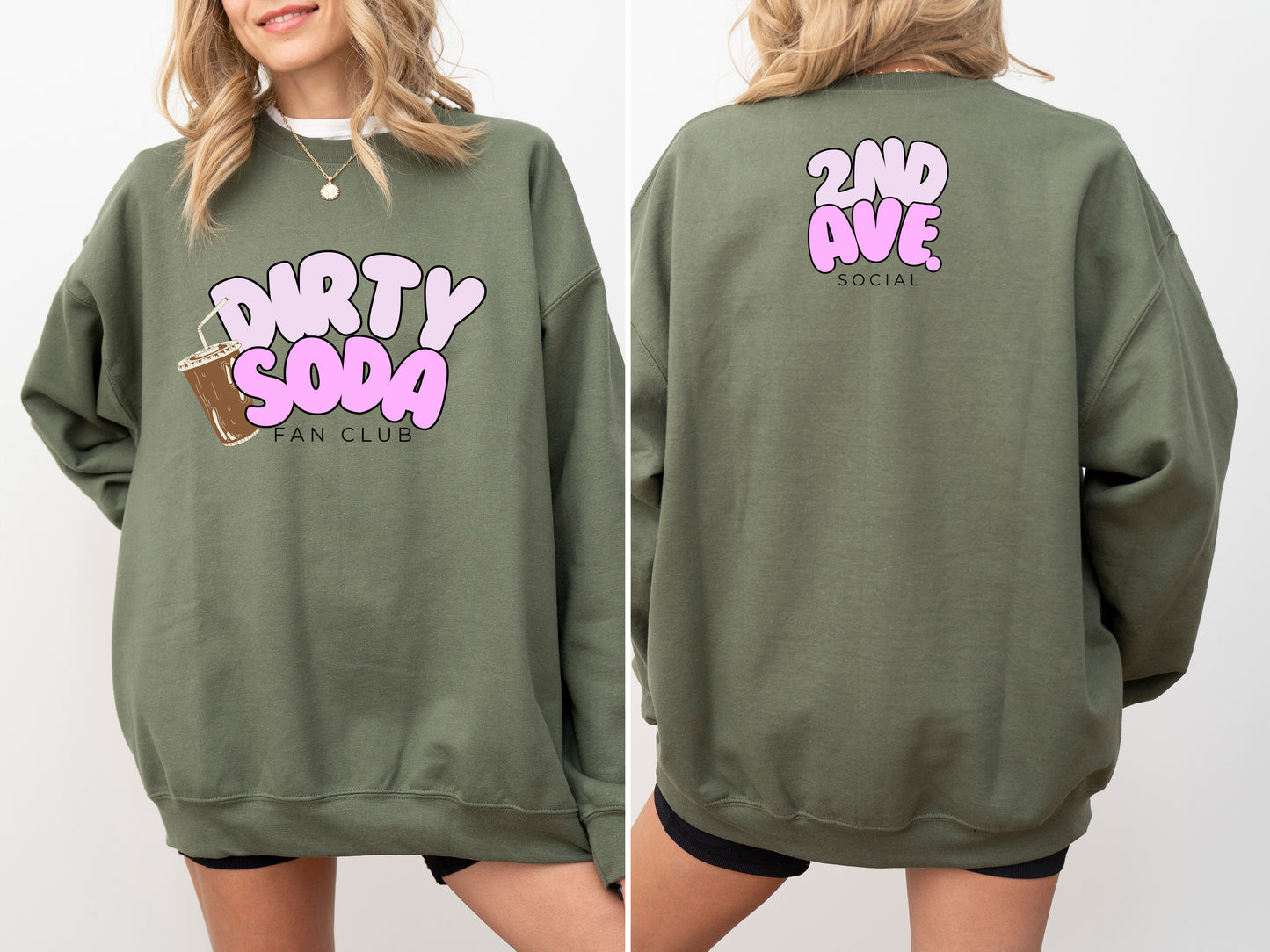 2nd Ave Social Dirty Soda Fan Club Military Green Crewneck Sweatshirt