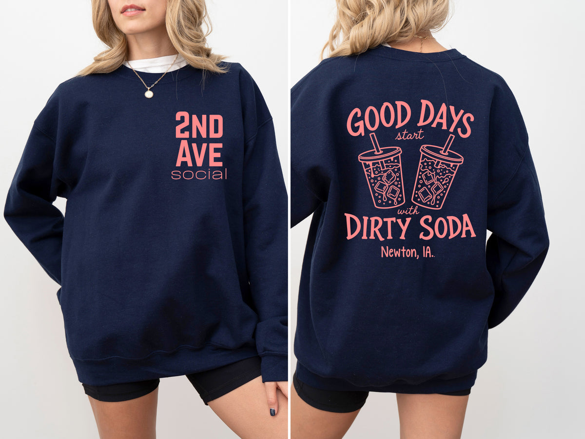 2nd Ave Good Days Start with Dirty Soda Navy/Peach Crewneck Sweatshirt