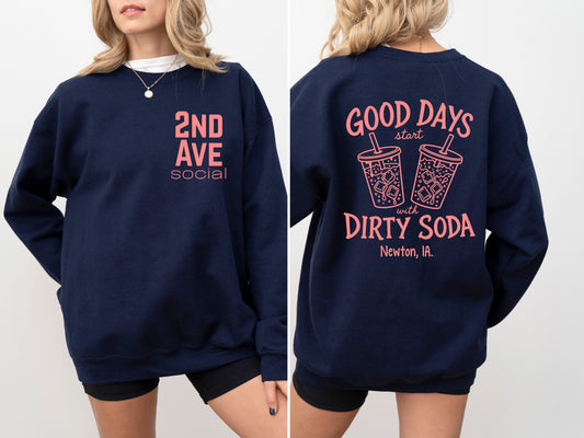 2nd Ave Good Days Start with Dirty Soda Navy/Peach Crewneck Sweatshirt