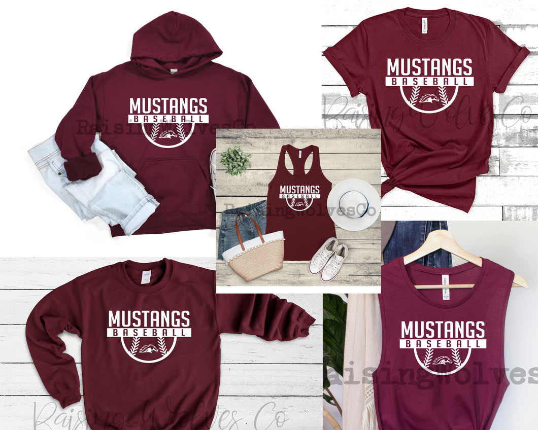 Mustangs Baseball Maroon- Multiple Shirt Options
